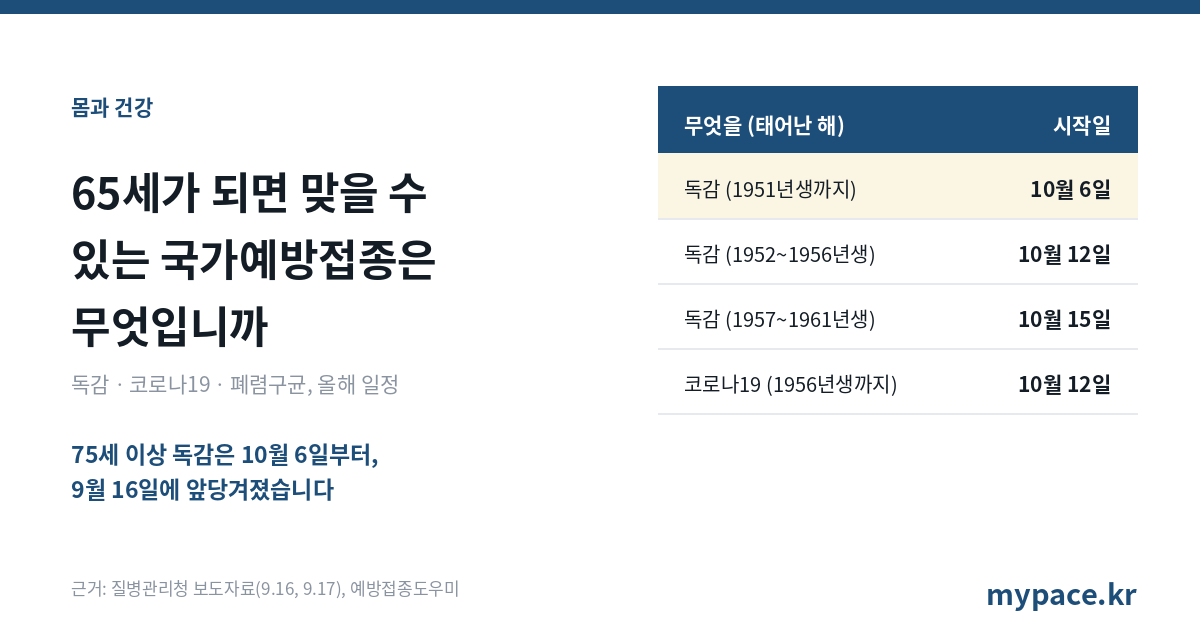 65세가 되면 맞을 수 있는 국가예방접종은 무엇입니까