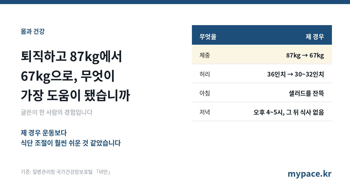 퇴직하고 87kg에서 67kg으로, 무엇이 가장 도움이 됐습니까